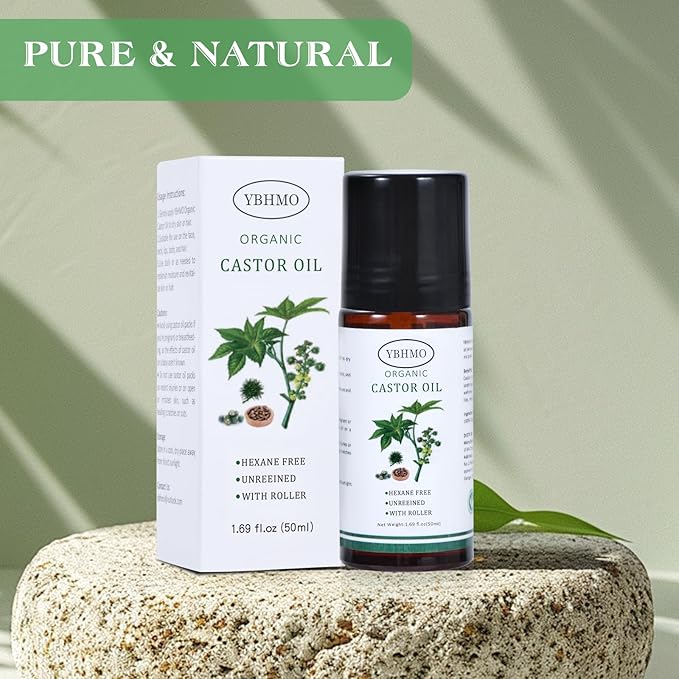 Organic Castor Oil Roll-On Glass Bottle - Cold-Pressed Hexane-Free, Certified Pure Castor Oil for Skin Care and Hair Care - 1.69 fl.oz