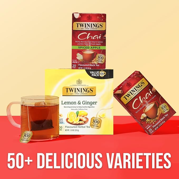 Twinings Spiced Apple Chai Black Tea Individually Wrapped Bags, 20 Count (Pack of 6), Sweet, Savoury Spices, Caffeinated, Enjoy Hot or Iced, 120 Teabags