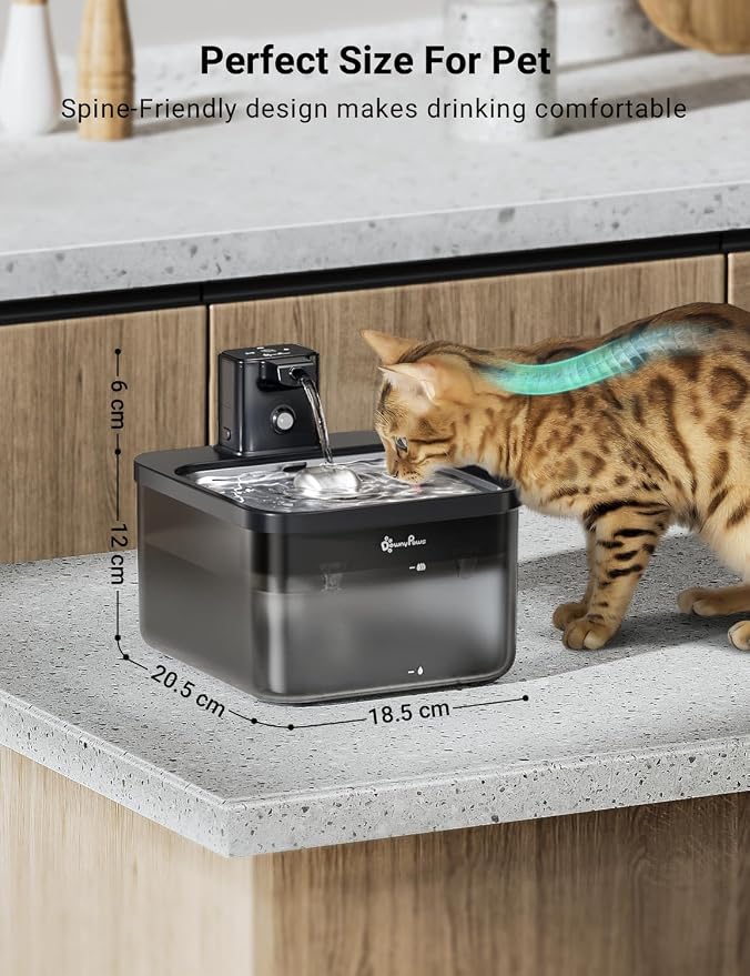 DownyPaws Cat Water Fountain Cordless, Pet Fountain, Black Pro, 6 Filters | Wireless Cat Drinking Water Fountains for Cats Indoor, Fursink , Battery Operated, Motion Sensor, Ultra Quiet Pump, BPA-Free