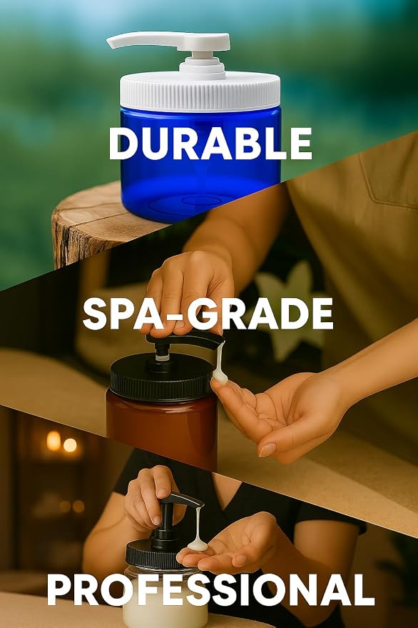 Royal Massage 16oz Refillable Pump Jar with Locking Dip Tube Dispenser – BPA-Free Plastic Container for Massage Oils, Lotions, Creams – Ribbed Lid Wide-Mouth Jar – Durable & Reusable (Clear/Black, 1)