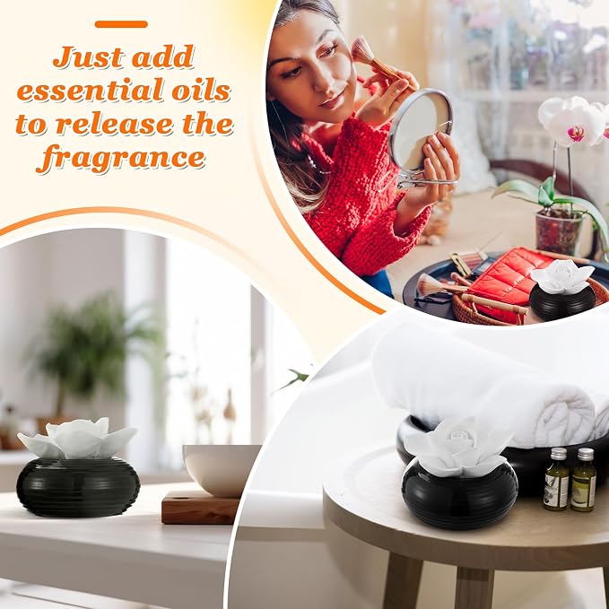 Honeydak 2 Pcs Ceramic Essential Oil Diffuser, Non Electric Reedless Passive Porcelain Flower Aromatherapy Diffuser, Decorative Floral Design Tabletop Office Home Bathroom Decor (Camellia)