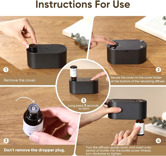 Levoair Waterless Essential Oil Diffuser, Mini Scent Air Machine, Aromatherapy Atomizing Diffuser, 3 Mist Modes, Cycle Start for Bedroom, Home, Office 160-700 sq. ft Scent Black
