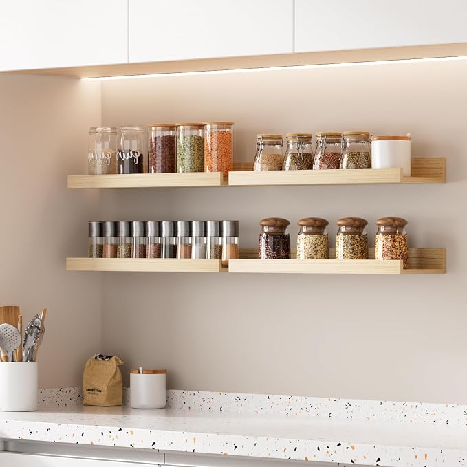 upsimples Floating Shelves for Wall Decor Storage, Natural, 6Pcs, 15.7'' | Wall Mounted Wood Shelves for Living Room, Bedroom, Bathroom, Kitchen, Office, Laundry Room Display and Organize