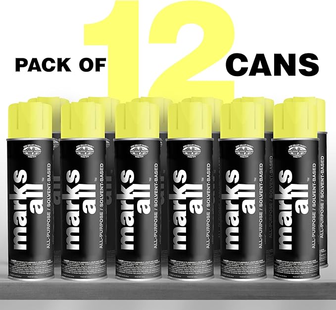 Fox Valley 18oz Marks All Solvent-Based Marking Paint Spray, 12-Pack Yellow Fluorescent – Long-Lasting, Weather-Resistant Spray Paint for Wet or Dry Surfaces Like Metal, Grass, Concrete, Wood, & More