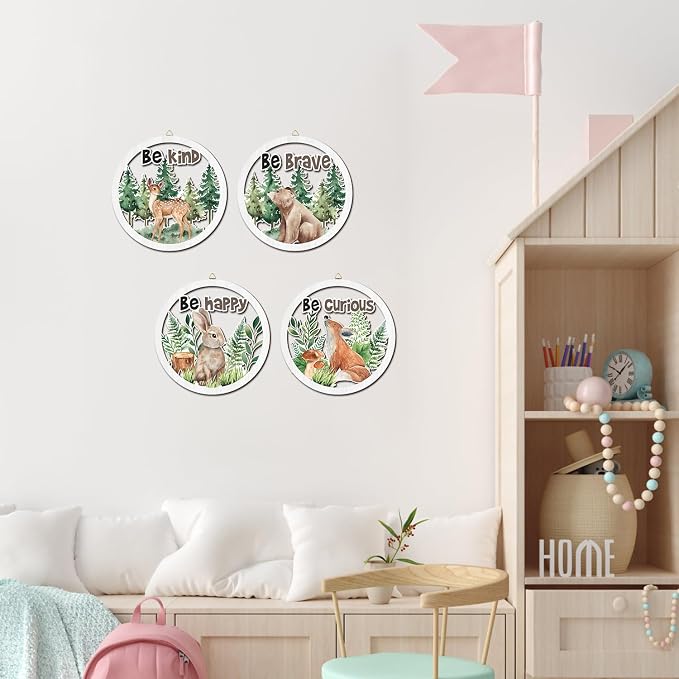 Woodland Nursery Wall Decor, Inspirational Girl Room Hanging Sign, 4 Pieces 10''x10'' Jungle Animals Wooden Decoration for Kids, Cartoon Fox Bear Art Sign for Teens Toddler Boy Baby Playroom