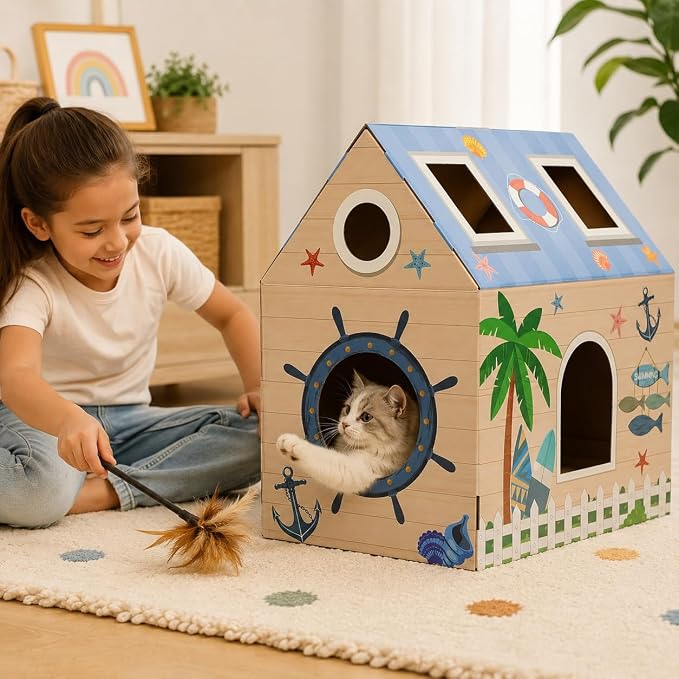 Cinrobiye Cardboard Cat House with Scratcher, Indoor Cat Condo Cat Cave Hideout with Scratch Pad, Cardboard Cat Playhouse Bed for Cats, Kittens, Rabbits & Small Pets (Seaside)