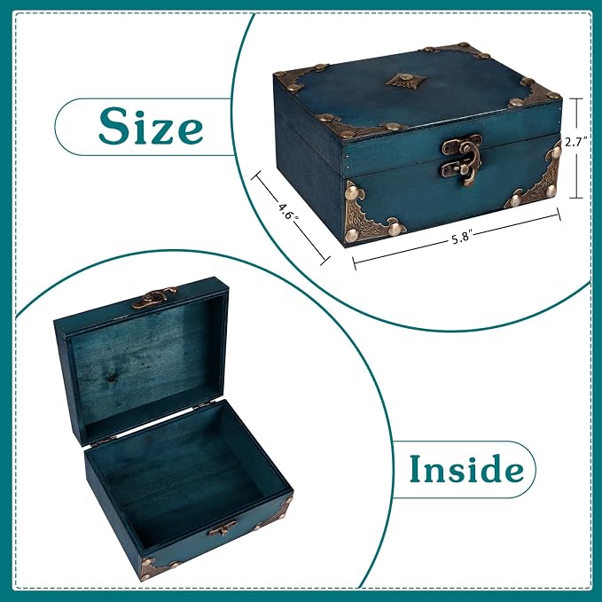 WaaHome Wood Treasure Box 5.5'' Small Decorative Teal Pirate Treasure Chest Jewelry Keepsakes Box for Kids Girls Boys Women Gifts Home Decor