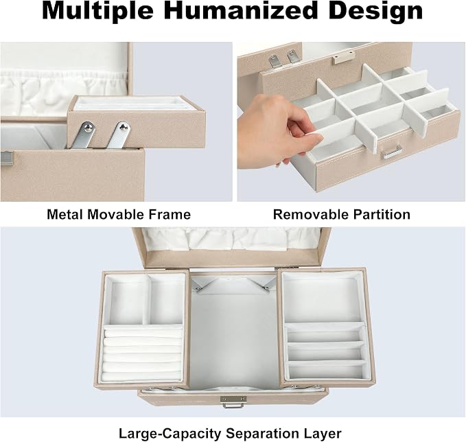 Jewelry Organizer Box, Large Jewelry Boxes for Women Girls, Space-Saving 3 Layers Jewelry Storage Case with Drawer, Movable Metal Stand, Modern, Gift Idea (Champagne)