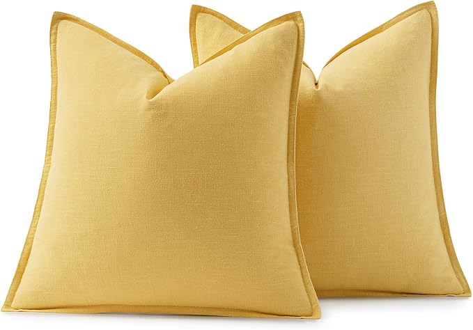 MIULEE Decorative Linen Euro Sham Pillow Covers 24x24 Yellow | Boho Farmhouse Neutral Couch Throw Pillows for Bed, Pack of 2 Accent Modern Pillowcases, Sofa Livingroom Home Decor