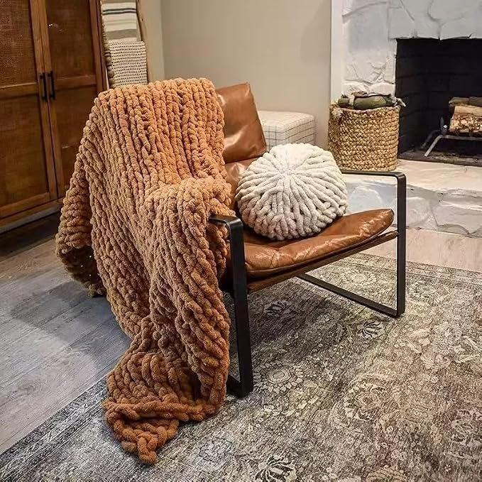 Soft Chunky Knit Throw Blanket for Couch, Cozy Warm Knitted Blankets | Hand Knit with Jumbo Chenille, Lightweight Warm Fluffy Decor for Women, Mom, Her & Girls,Sofa,Chair,Bed,48"×71"(Light Brown)