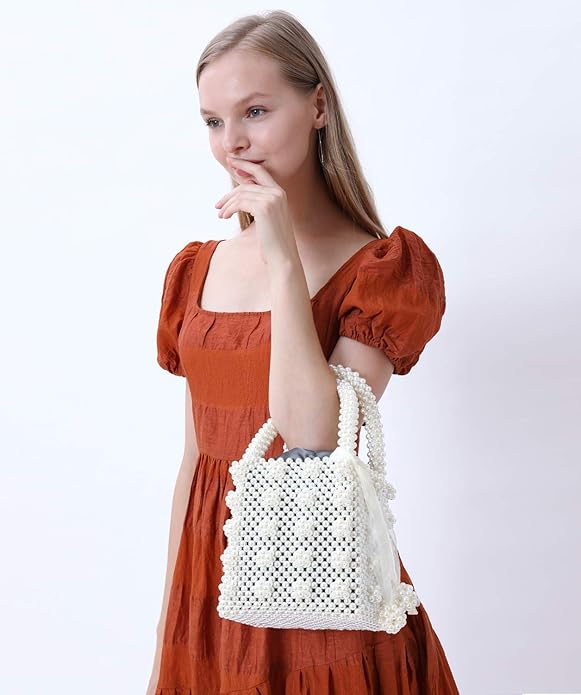 Miuco Womens Beaded Handbags Handmade Weave Crystal Pearl Tote Bags