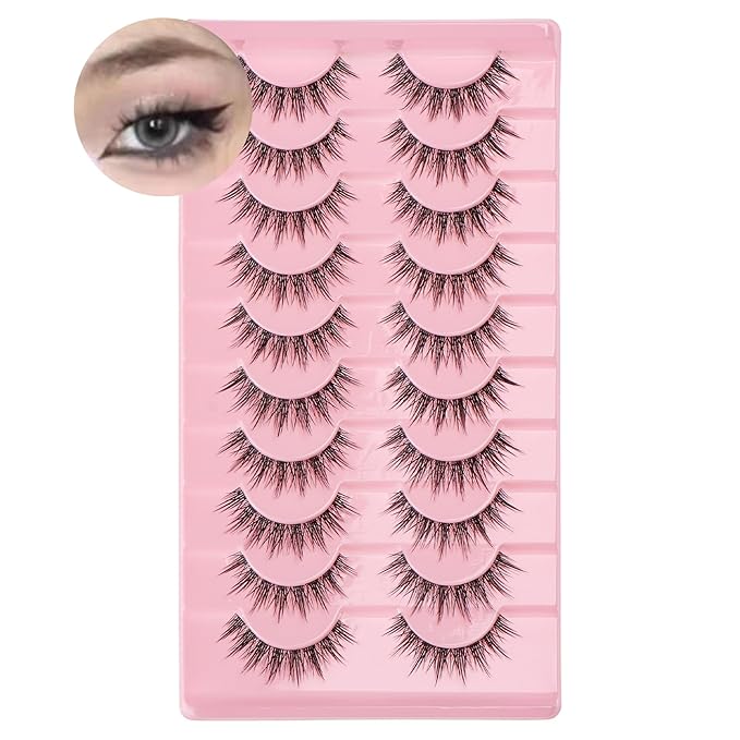 outopen 10 Pairs Manga Lashes Natural Look False Eyelashes Wispy Spiky Anime Lashes Korean Japanese Asian Style Cosplay Fake Eyelashes with Clear Band