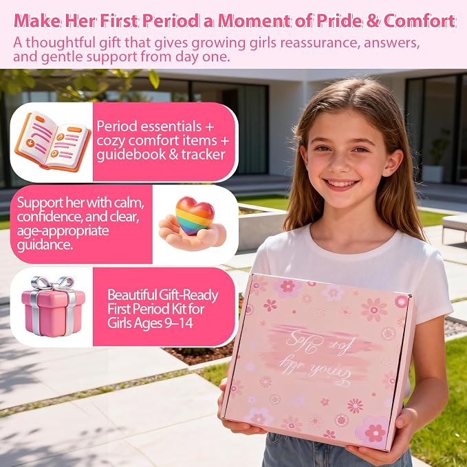 First Period kit for Girls, Period Kits for Girls 10-12, Period Starter for Tweens Period Comfort Kits for for Tweens & Teens, First Period Gifts Box Emergency Kit for Girl (White) (Pink)