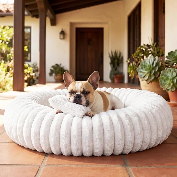 Donut Pet Bed for Indoor Cats and Small Dogs, Self-Heating Dog Bed with Non-Slip Bottom, Winter Comfort Dog Beds for Puppies, Washable & Portable Egg Tart Shape (S) Small cat Bed self Warming
