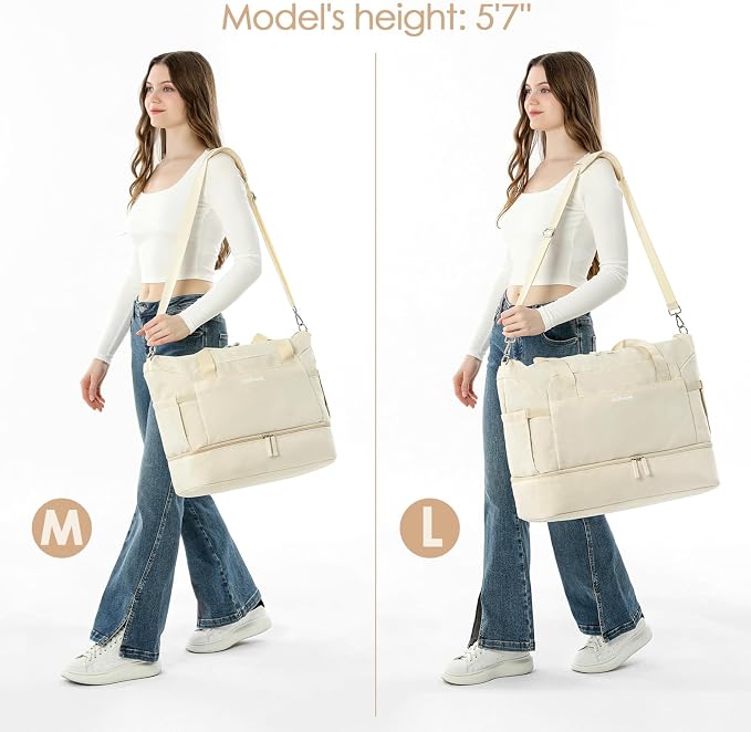 Gym Bag for Women, Personal Item Travel Bag with Shoes Compartment, Weekender Overnight Duffel Bag with Wet Pocket, Carry On Bag for Women, Travel, Gym, Weekend (Beige)