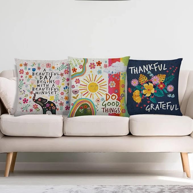 Littlefa Colour Sunshine Throw Pillow Cover Decorative Boho Pillowcase | Do Good Things Kindness Pillow Cover for Couch Sofa, Inspiring Gifts, 18×18 In