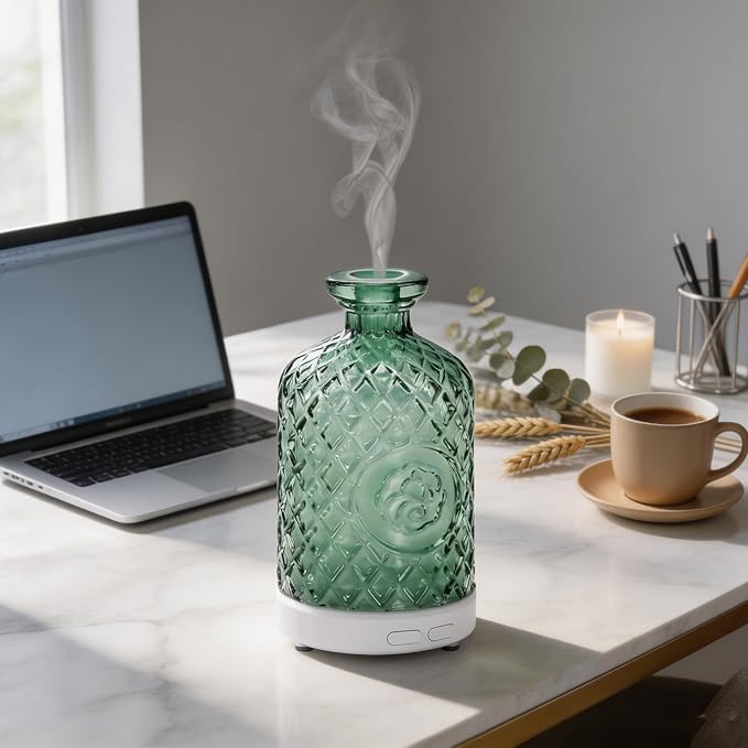 Glass Essential Oil Diffuser,100ml Aromatherapy Diffuser(Green) | Ultrasonic Cool Mist Humidifier with 7-Color LED Lights, BPA Free, Auto Shut-Off, for Home Yoga Bedroom Office Spa