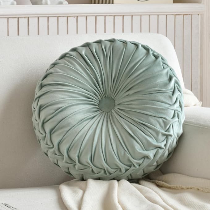 Teieas Round Throw Pillow Velvet Pleated Round Pillow Cushion Home Decor | Boho pumpkin bed pillows,for bedroom,couch,chair,bed, car,home decoration light green 14.96''