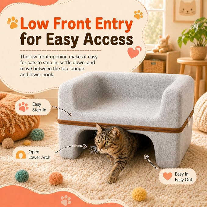 Large Cat Bed for Indoor Cats, 2-Tier Cat Cave Bed with Top Lounge & Lower Hideaway, Washable PET Felt Cat Sofa for Living Room, Bedroom, Apartment, Scratch-Friendly Cat Furniture, Light Gray