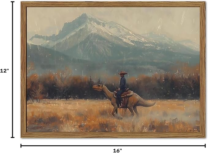Vintage Dinosaur Cowboy Wall Art, Funny Western Jurassic Wall Decor Painting Spooky Cowboy Riding Dinosaur Poster Canvas Prints for Bedroom Farmhouse Living Room 12x16 inch Wood Framed
