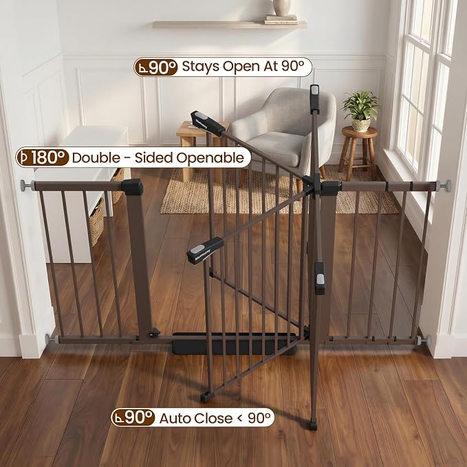 Mumeasy 29.7-54.2" Baby Gate for Stairs, Pressure Mounted Dog Gate for Doorways, Extra Wide Walk Thru Safety Pet Gate for Doors with Auto Close, Easy Install Child Gate for Hallway Indoor House, Brown