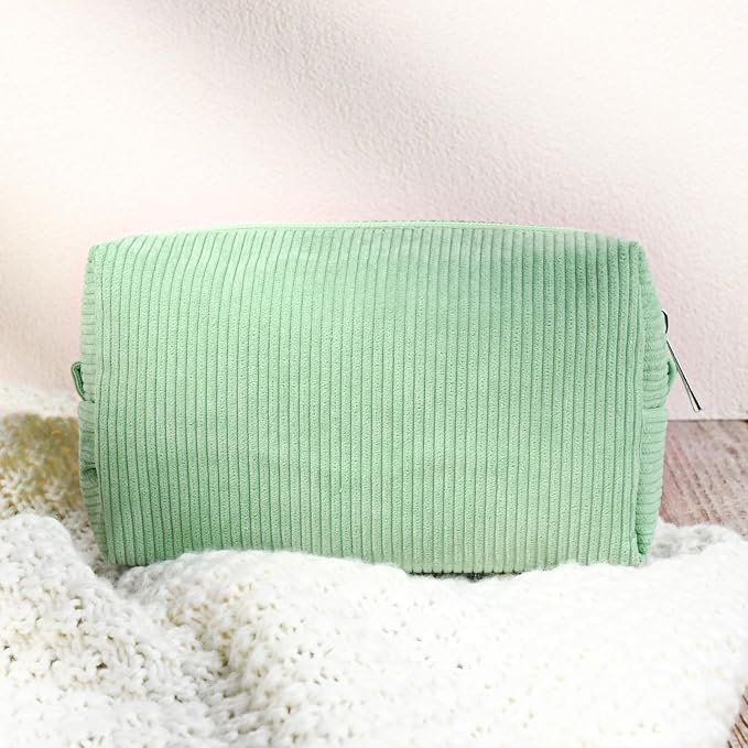 SOIDRAM 2 Pcs Corduroy Makeup Bag Large Cosmetic Bag Toiletry Bag Makeup Pouch Travel Bag Organizer Cute Makeup Brushes Aesthetic Accessories Storage Bag for Women Green