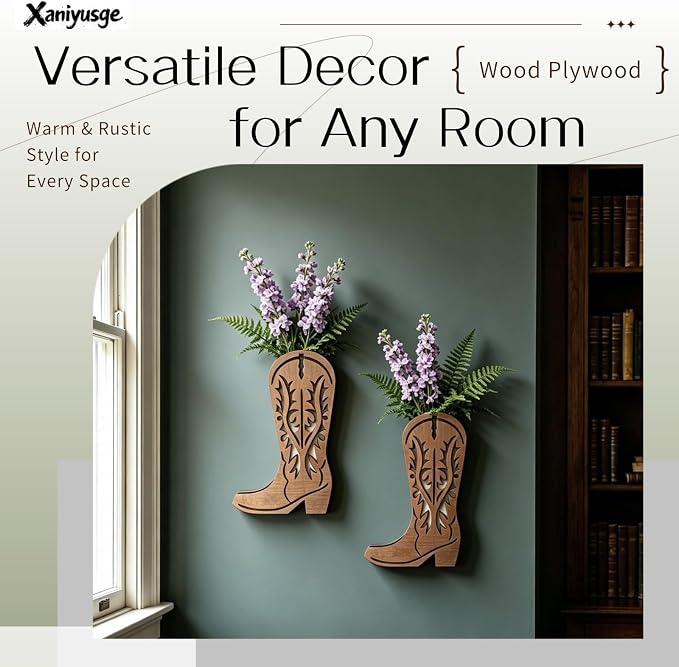 2 Pcs Wood Cowboy Boot Wall Vase - Western Rustic Home Décor | Sturdy wood planter for faux flowers. Suited for bedroom, kitchen, living room. Easy hang. Works farmhouse, country, cabin