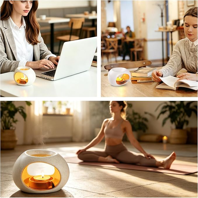 Ceramic Essential Oil Burner, Aromatherapy Oil Warmer with Tealight Candle, Incense Aroma Diffuser for Home Spa Yoga Meditation Relaxation & Room Decor White