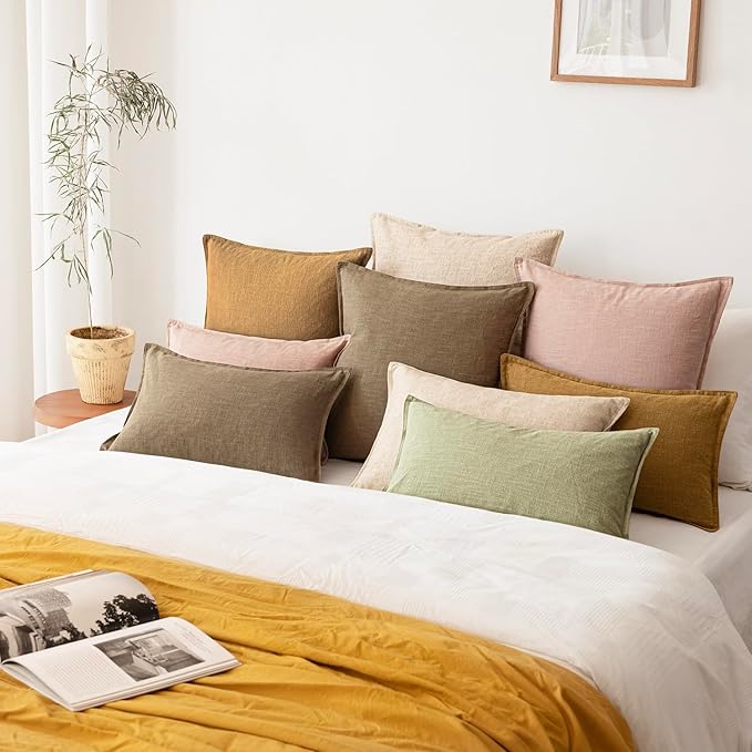 Foindtower Pack of 2, Decorative Linen Solid Throw Pillow Covers Soft Accent Cushion Case Boho Farmhouse Pillowcase for Bed Chair Couch Sofa Bedroom Living Room Home Decor 22 x 22 Inch Light Pink