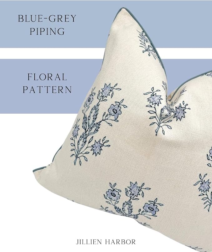“The Mary” Periwinkle Floral Block Print Pillow Cover – Blue and White Decorative Throw Pillow Cover – Grandmillennial Home Decor, 24" x 24"