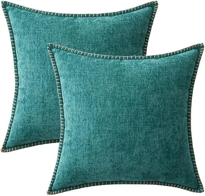 MIULEE Decorative Couch Throw Pillow Covers 22x22 Inch Teal 2 Pack | Farmhouse Pillow Covers with Stitched Edge, Soft Chenille Cushion Cases, for Sofa Bed Living Room Home Decor