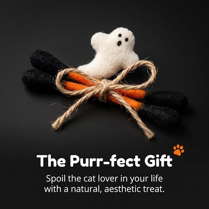 Glaciart One Halloween Cat Toys with Catnip โ 7 Pack Felt Swab Cat Toys + Ghost Toy, Interactive Wool Cat Toys for Indoor Cats & Kittens, Handmade Natural Catnip Toys for Chase, Chew & Play