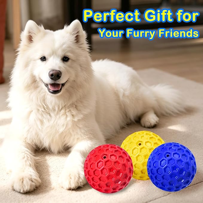 3 Pack Indestructible Squeaky Dog Balls for Aggressive Chewers, Interactive Dog Toys for Teething, Relieving Anxiety. Chew Toy for Large, Medium Breeds, Outdoor Rubber Balls.