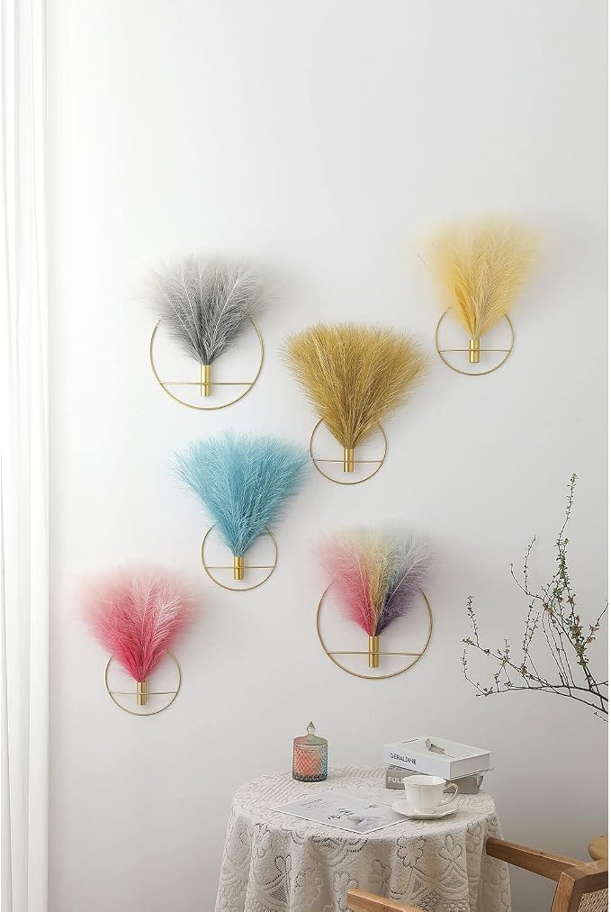 Pretty Jolly Boho Pampas Wall Decor Gold Metal Wall-Mounted Art | Morden Artificial Greenery Display,2 Pack Hanging Planter For Living Room, Bedroom, Bathroom, Dining room