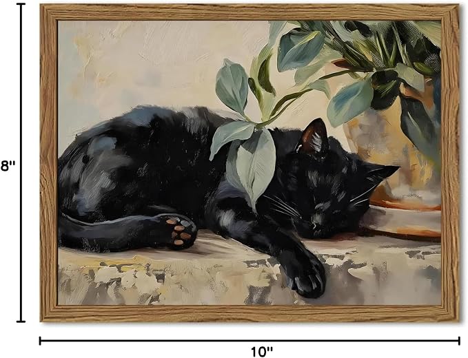 Framed Black Cat Canvas Wall Art, Vintage Sleeping Cat with Plant Picture Wall Decor Paintings, Cute Animal Poster Prints Rustic Aesthetic Home Decor for Living room Bedroom Bathroom 8x10 inch