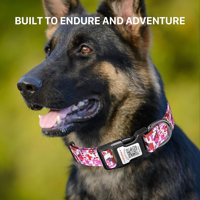 Personalized Dog Collar with QR Code Dog Tag, Camo Rose Red L | Anti-lost, 1000D nylon, reflective, padded, XS-L(8"-24"), QR buckle shares lost pet profile, location alerts when scanned