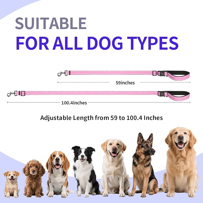 Kazazoo Hands-Free Dog Leash Adjustable Length 5-8 Ft,Waist & Crossbody Leash for Walking with Small Dogs Bichon Frisé & Teddy Reflective Strips, Ballistic Nylon, Waist Belt, Lightweight Pink