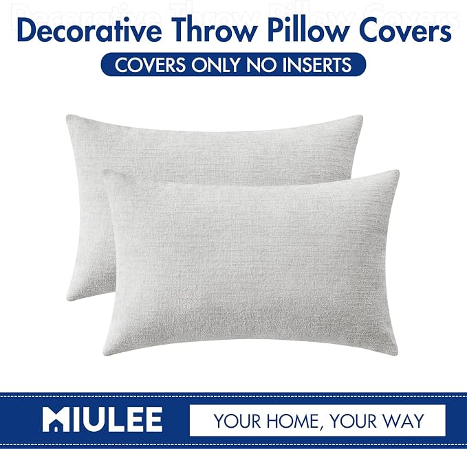 MIULEE Soft Chenille Lumbar Throw Pillow Covers Light Gray 12x20 Pack of 2 | Modern Home Decor, Classic Decorative Pillows, Solid Dyed Cases, Boho Couch Cushion Covers for Sofa Bed Living Room