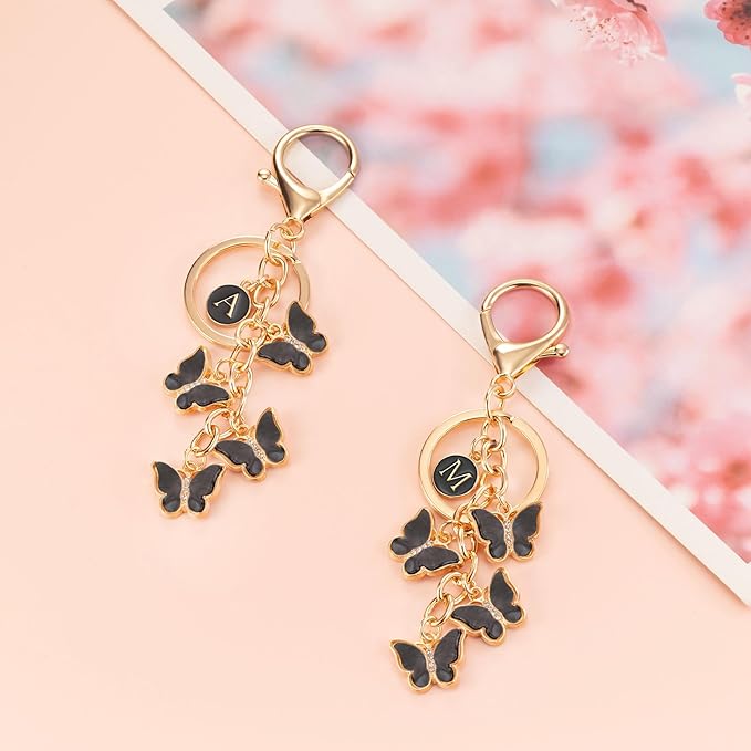 XGALBLA White Pink Black Cute Butterfly Initial Letter Keychain for Women, Butterfly Bag Charms Keyring for Handbags Backpack