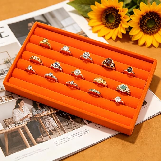 Velvet Jewelry Trays for Drawers, Orange 8 Rolls | Stackable Jewelry Drawer Organizer Inserts, Ring Earring Holder Organizer Storage Display Tray