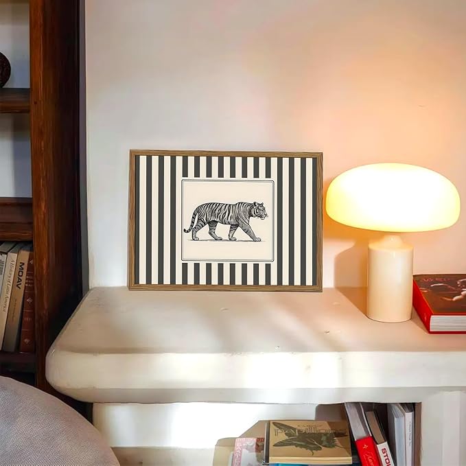 Vintage Tiger Wall Art Wildlife Wall Decor Pictures Black and White Stripe Jungle Animal Poster Canvas Painting Print for Bedroom Living Room Bathroom 12x16 inch Wood Framed