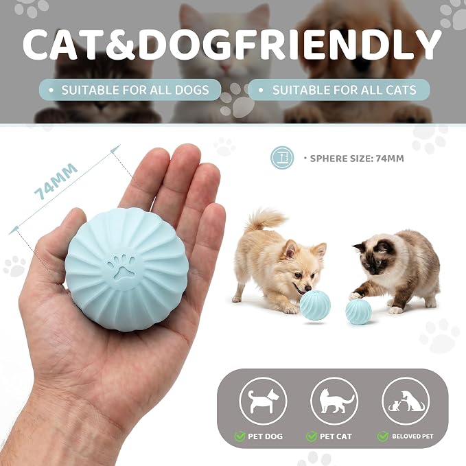 Smart Interactive Dog Toy Ball for Dogs and Cats, Motion Activated Auto Rolling Bouncing Pet Ball, IP67 Waterproof, Bite Resistant Rubber, USB-C Rechargeable, 2 Modes