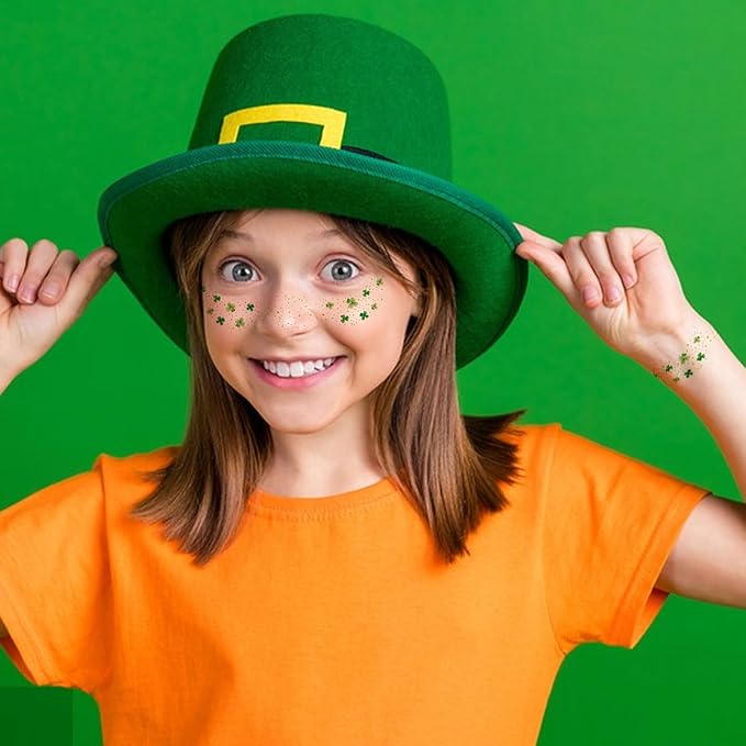 St. Patrick's Day Temporary Tattoos - Glitter Green Lucky Clover Freckle Tattoos, Shamrock Face & Body Decals for Irish Party, Festival Makeup, Kids & Adults (6 Sheets, Waterproof)