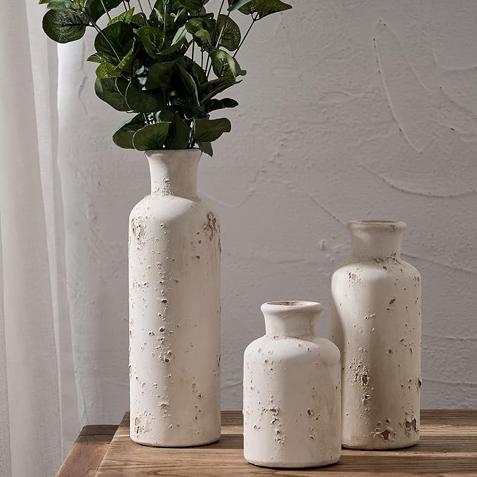 SIDUCAL Ceramic Rustic Farmhouse Vase Set of 3 | Whitewashed Terracotta Vase, Clay Decorative Vases for Home Decor, Living Room, Shelf, Mantel Decoration(Rustic White)