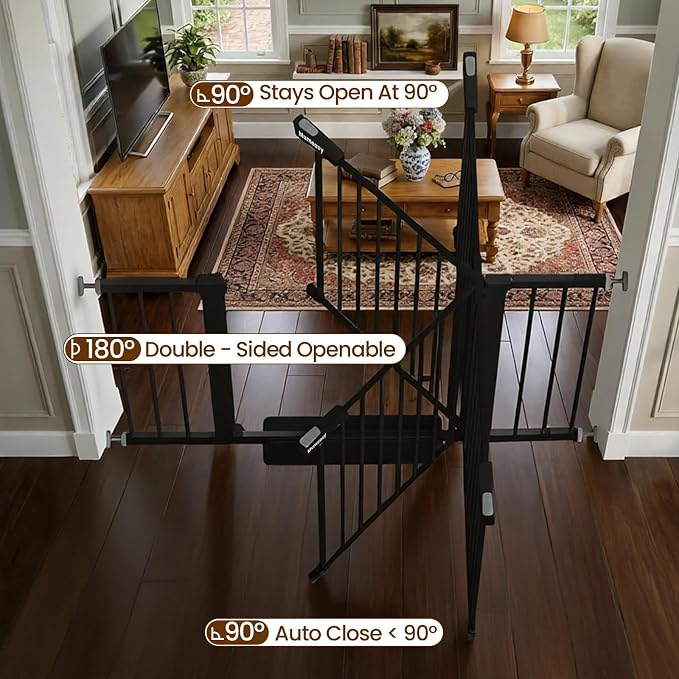 Mumeasy 36" Extra Tall Baby Gate for Stairs, 29.7-48" Wide Dog Gate for Doorways, Walk Thru Pet Safety Gate for Indoor, Pressure Mounted with Auto Close, Easy Install No Drill for Toddlers, Black