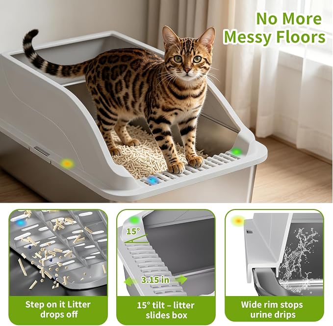 Stainless Steel Cat Litter Box, Extra Large XL Odor Free Metal Litter Box with High Sides Lid, Open Top Litter Pan Include Scoop Easy Cleaning Kitty Cat Box Anti-Urine Leakage, Non-Sticky