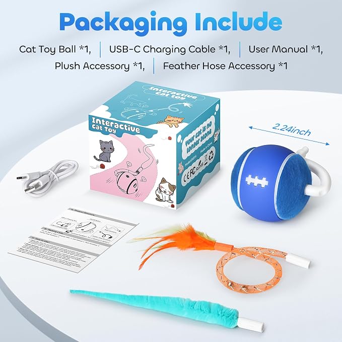 Interactive Cat Toy Ball for Indoor Cats with 3-Mode Touch Activated | Tangle-Free Tail, Rechargeable, 2 Tails, 6-8H Play Automatic Moving Cat Toy, Smart Rolling Ball for Indoor Cats to Chase Play