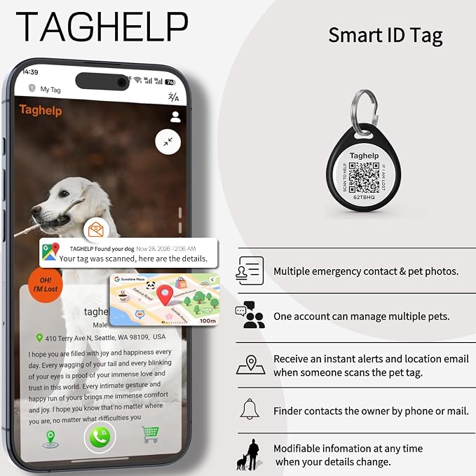 QR Code Dog ID Tag for Collar, Smart Pet ID with Instant Location Email Alerts, Silent Anti-Lost Dog Tag, No App or Subscription, Online Pet Profile Access(1.2”, Black)