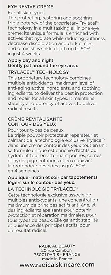 Radical Skincare Eye Revive Creme - 4 in1 Anti-Aging Solution Combats Wrinkles, Dark Circles, Puffiness, & Fine Lines - For All Skin Types Including Sensitive Skin - Paraben & Cruelty Free (0.5 Fl Oz)