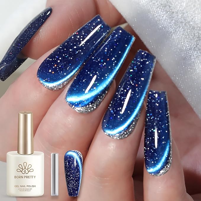 Born Pretty Reflective Glitter Cat Magnetic Eye Gel Nail Polish 15ML,Blue Glitter Holographic Magnetic Gel Polish,Sparkly Shiny Disco DJ U V Nail Polish with Magnet for Home DIY Salon